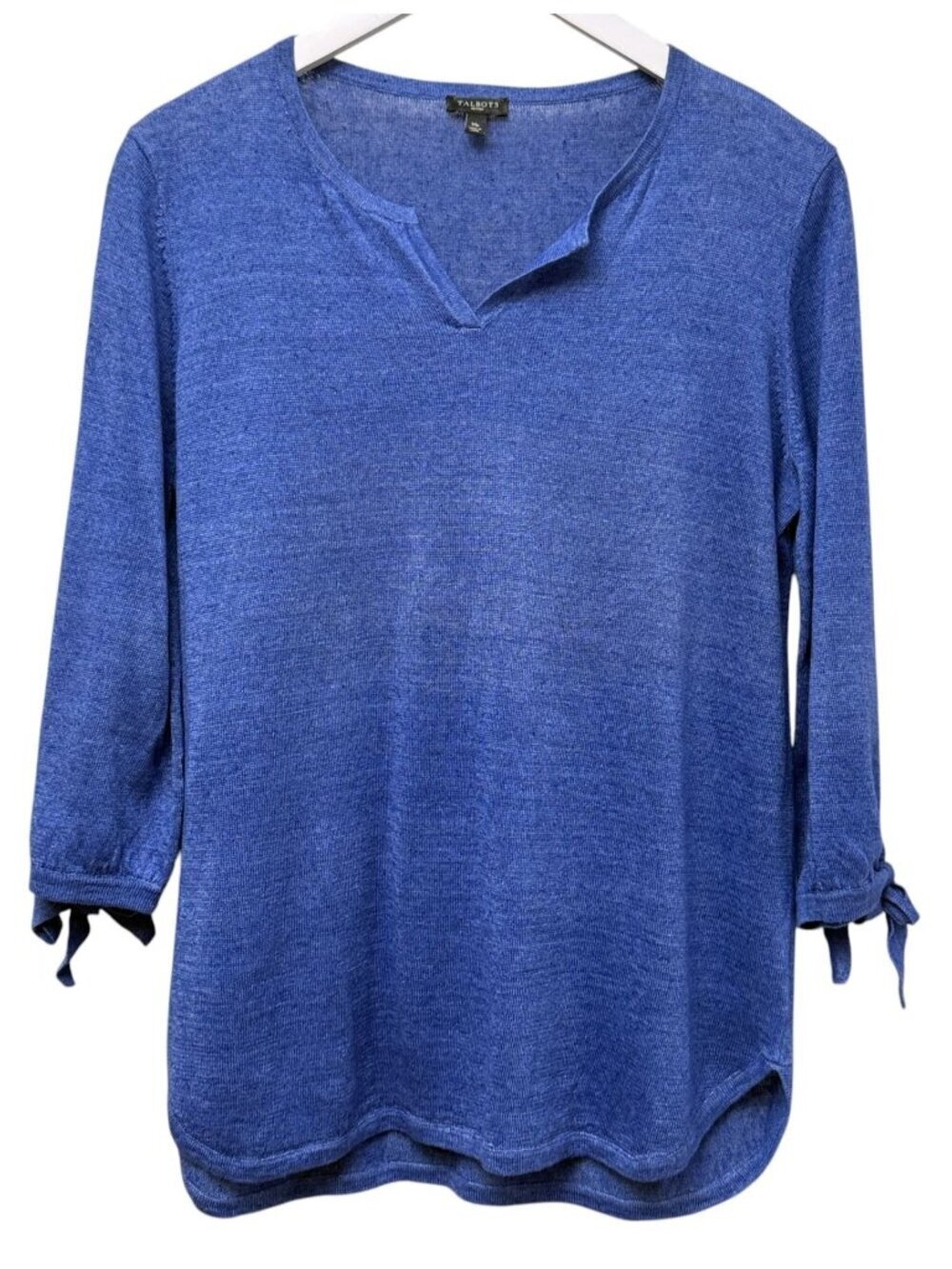 Talbots Hamptons Linen Sweater Womens Medium Petite Blue 3/4 Tie Sleeve Pullover